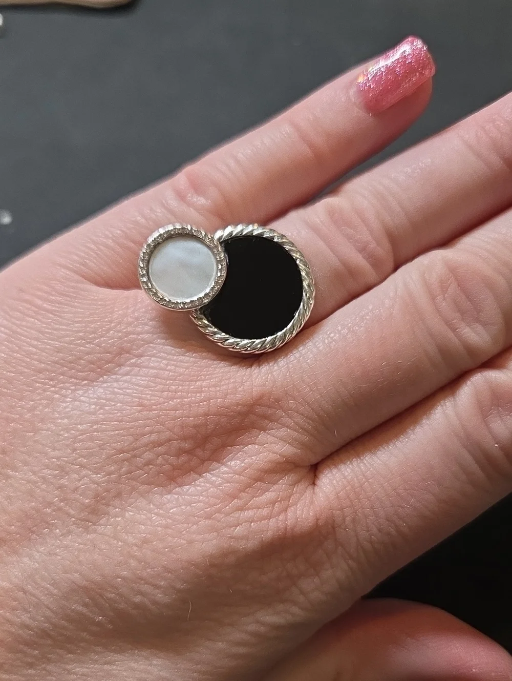 Elements Silver Dual Disc Black Onyx & White Mother Of Pearl Statement Ring
